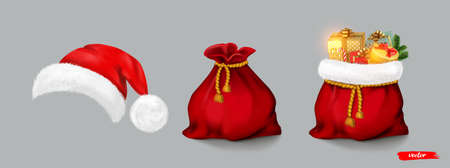 Santa Claus red bags and Santa hat. Open and closed Christmas bags with gifts. Realistic vector illustrationのイラスト素材