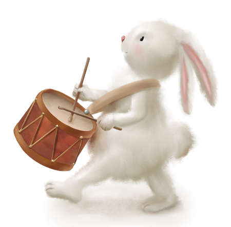 Easter Rabbit with a drum steps. Rabbit isolated on white. Easter card or posterの写真素材