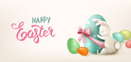 Happy Easter Rabbit hugs an egg on beige background. Happy Easter holiday vector illustration. Easter banner.のイラスト素材
