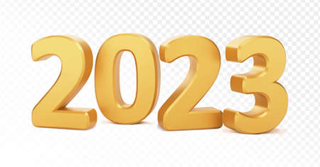 2023 golden decoration holiday on transparent background. Gold numeral 2023. Happy new year 2023 holiday. Realistic 3d vector illustrationのイラスト素材