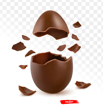 Cracked Easter egg with chocolate pieces isolated on transparent background. Realistic vector illustration of Easter egg.のイラスト素材