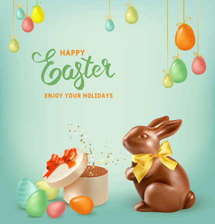 Happy Easter holiday. Chocolate Easter Rabbit with gift on blue background. Realistic vector illustration. Easter banner.のイラスト素材
