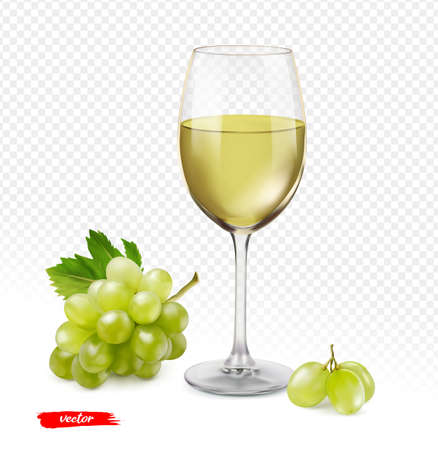 The glass of wine and grape isolated on transparent background. Realistic vector illustration.のイラスト素材