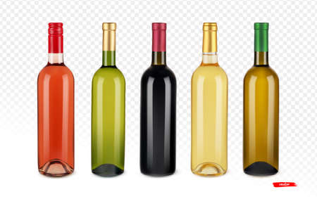 Set of white, red and pink wine bottles. Realistic vector illustration Wine bottles on transparent background.のイラスト素材