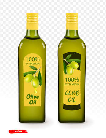 Olive branch and olive oil bottle isolated. Realistic vector illustration of olive oil. Mockup of olive oil bottle.のイラスト素材