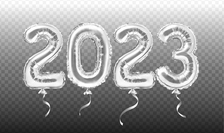 2023 silver decoration holiday on transparent background. Silver foil balloons numeral 2023. Realistic 3d vector illustrationのイラスト素材