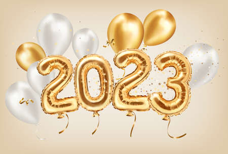2023 golden decoration holiday on beige background. Happy new year 2023 holiday. Gold and silver foil balloons numeral 2023 with glitter gold confetti and Realistic 3d vector illustration.のイラスト素材