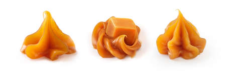 Collection of soft caramel swirls. Melted caramel isolated on white background. Set of caramel.の写真素材