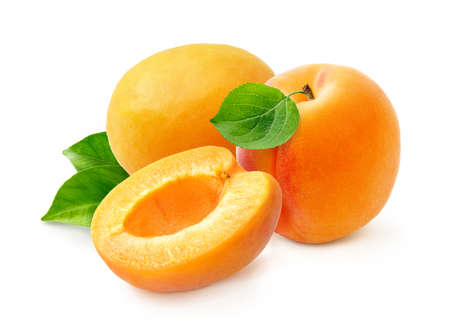 Apricot fruit with half of apricot and apricot kernel isolated on white background.の写真素材