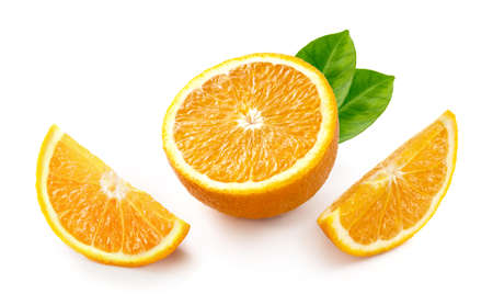 Tasty orange with half of orange and orange slice isolated on white background.の写真素材