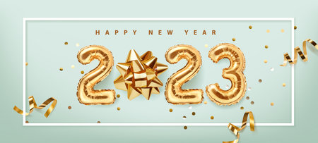 2023 golden decoration holiday on green background. Gold foil balloons numeral 2023 with realistic festive objects, golden bow and serpentine. Shiny party background. Horizontal banner. Happy new year 2023 holiday. Realistic 3d vector illustration.のイラスト素材
