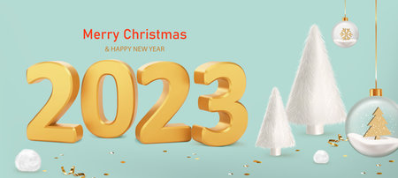 Happy New Year 2023. Numbers 2023 with fur balls and white fur Christmas trees on blue background. Trendy Xmas background with glass balls, glitter golden confetti. Realistic vector illustrationのイラスト素材