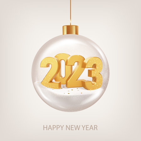 New Year card with numbers 2023 in glass ball on light beige background. 2023 Happy New Year. Realistic vector illustration.のイラスト素材