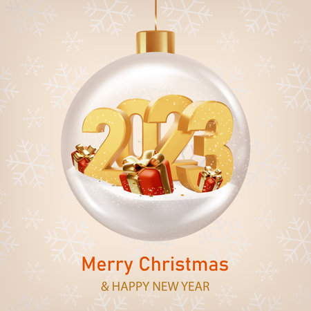 New Year card with numbers 2023 and red gifts in glass ball on light beige background. 2023 Happy New Year card with red presents and golden ribbon.のイラスト素材