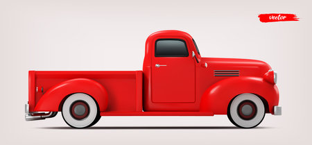 Red car isolated. Happy New Year poster or card. Christmas red vintage car. 3d realistic vector illustration.のイラスト素材