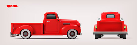 Vintage red car isolated. Realistic vector illustration. View of the car from the back and sideのイラスト素材