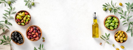 Different olives in bowls on white concrete background. Top view of olives, olive leaves and bottle of olive oil. Diet food concept. Banner.の写真素材