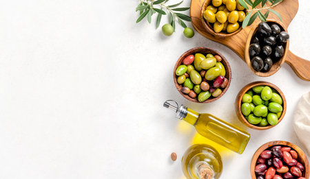 Different olives in bowls on white concrete background. Top view of olives, olive leaves and bottle of olive oil. Diet food concept. Banner.の写真素材