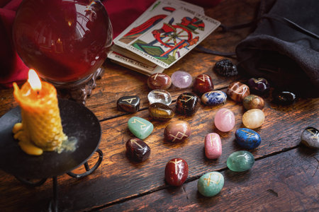 Runestones on red napkin. Divination items. Runes, crystal ball, pentacle symbol, herbal twist of...