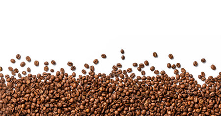 Coffee beans on white background. Top view of coffee beans. Copy space for textの写真素材