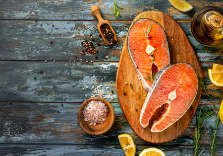 Two fresh fish salmon pieces. Raw Salmon steaks with lemons and spices on wooden board.の写真素材