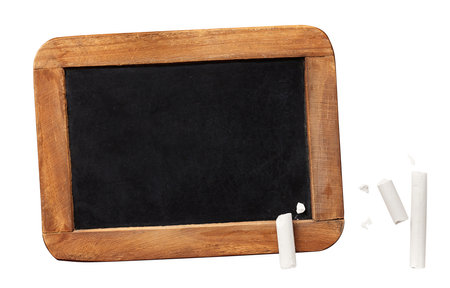 Vintage chalkboard in wooden frame with chalk on white background.の写真素材
