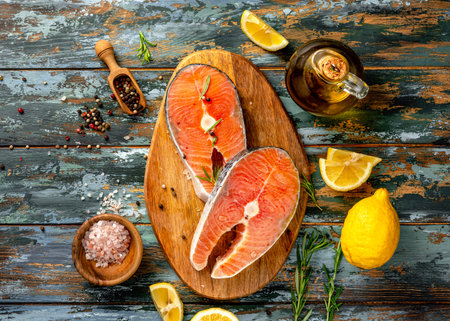Two fresh fish salmon pieces. Raw Salmon steaks with lemons on wooden board.の写真素材