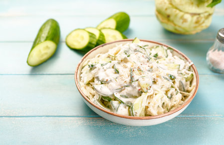 Salad of kohlrabi and fresh cucumber in sour cream sauce with tarragon. Salad in white bowl on blue wooden background. Keto.の写真素材