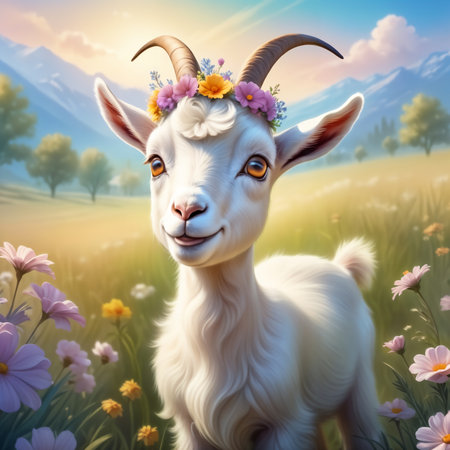 Cute goat, happy goat with flowers. Goat in full growth in the meadow. AI generative image.の素材