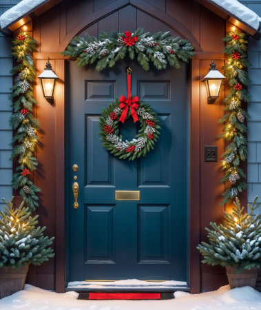 Festive Christmas Wreath on door. Christmas decorations on the front door of the house. AI generative image.の写真素材