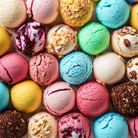 Assorted of scoops ice cream. Colorful set of ice cream of different flavours. Top view of ice cream isolated with mint, sauce. AI generative image.の素材