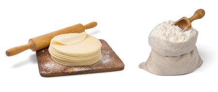 Bag with flour and wooden scoop isolated. Set of flour in bag with spoon and stack of slices of dough with rolling pin on wooden board.の写真素材