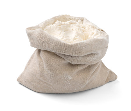 Bag with flour isolated. Flour on white background.の写真素材