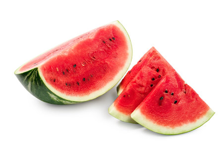 Watermelon slices and half watermelon isolated on white backgroundの写真素材