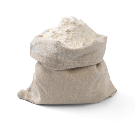 Bag with flour isolated. Flour on white background.の写真素材