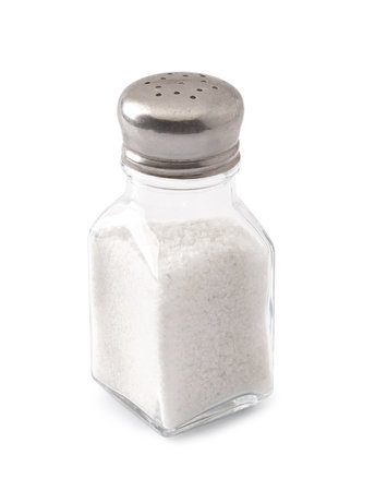 Salt shaker isolated. Natural salt on white background.の写真素材