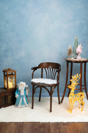 Interior in a photo studio with an armchair. New Years interior. Christmas interior.の写真素材