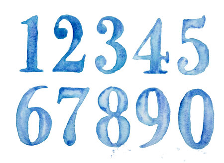 Set of colorful watercolor numbers. Blue numbers isolated. Hand draw.の写真素材