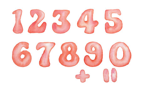 Set of colorful watercolor numbers. Pink numbers isolated. Hand draw.の写真素材