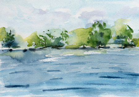 Watercolor landscapes. Landscape with water and sky. Hand draw.の写真素材