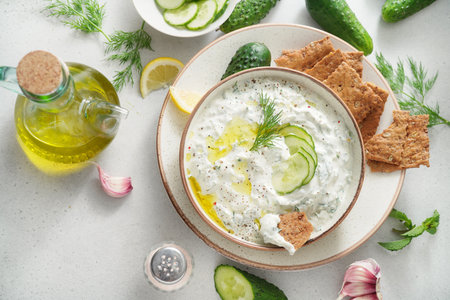 Tzatziki salad with roasted bread in white bowl on white background. Homemade Tzatziki salad with olive oil. Top view.の写真素材