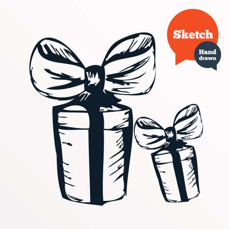 Hand drawn gift box. Sketched present with bow. Vectorのイラスト素材