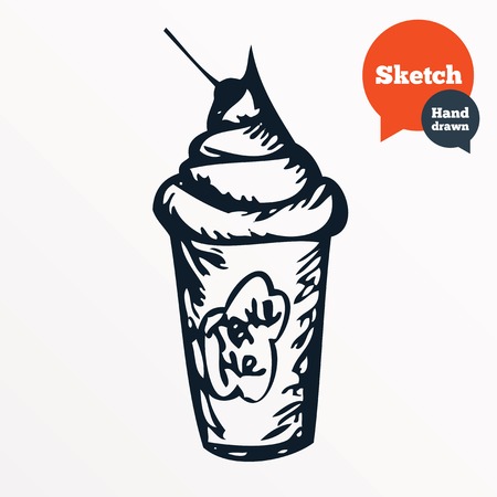 Take an ice cream in paper cup. Sketched Whipped cream with cherry. Take me away. Vectorのイラスト素材