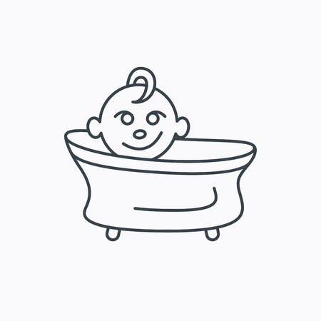 Baby in bath icon. Toddler bathing sign. Newborn washing symbol. Linear outline icon on white background. Vectorのイラスト素材