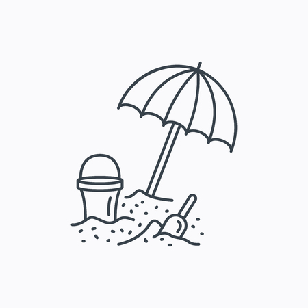 Beach umbrella in sand icon. Bucket with shovel sign. Baby summer games symbol. Linear outline icon on white background. Vectorのイラスト素材