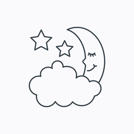 Night or sleep icon. Moon and stars sign. Crescent astronomy symbol. Linear outline icon on white background. Vectorのイラスト素材