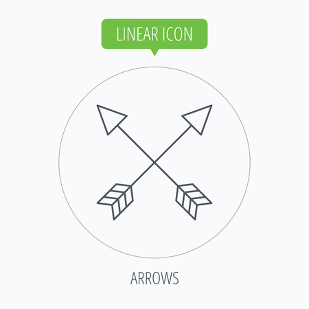 Bow arrows icon. Hunting sport equipment sign. Archer weapon symbol. Linear outline circle button. Vectorのイラスト素材