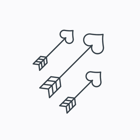 Love arrows icon. Amour equipment sign. Archer weapon with hearts symbol. Linear outline icon on white background. Vectorのイラスト素材