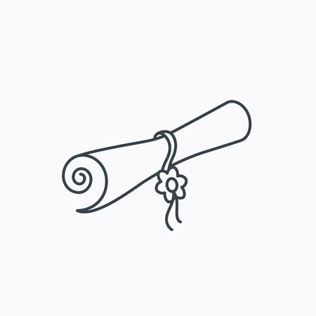 Diploma icon. Graduation document sign. Scroll symbol. Linear outline icon on white background. Vectorのイラスト素材
