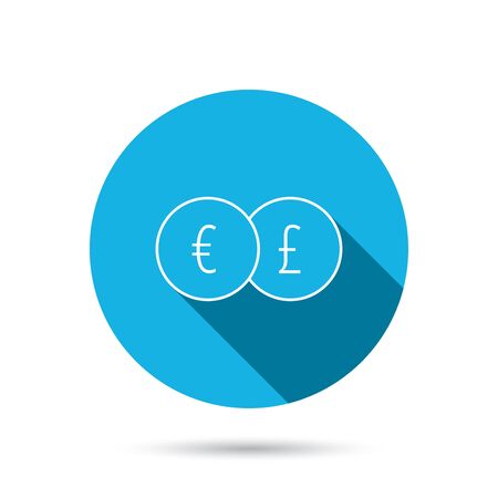 Currency exchange icon. Banking transfer sign. Euro to Pound symbol. Blue flat circle button with shadow. Vectorのイラスト素材